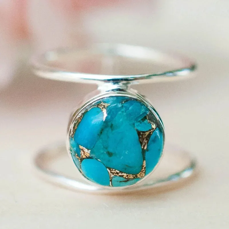 2026 New European and American Women\'s Turquoise Niche Design Ring High-end Exaggerated Round Elegant Fashion Jewelry Wholesale
