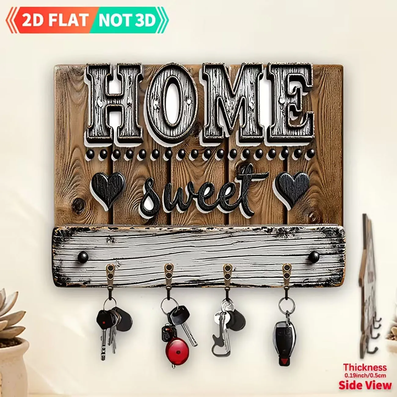 Porte-clés mural 2D en bois imprimé avec la phrase vintage HOME sweet home, 4 crochets, décoration murale rustique et chaleureuse pour entrée.