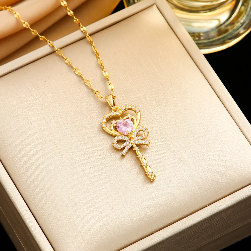 Милая девушка, стиль тяжелой промышленности, цепочка на ключицу, светлое роскошное ожерелье с волшебной палочкой в форме сердца с розовыми бриллиантами