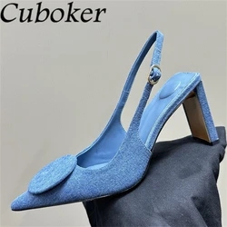 2024 Summer Pointy Toe Denim High Heel Sandals Women Designer Square Circle Decor Slingback Pumps Sexy Party Sandalias Femininas