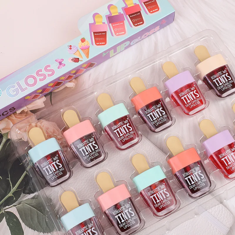 12Pcs Ice Cream Fruit Lip Gloss Set Lip Stain Lip Water Tint Moisturizing Longlasting Non-sticky Liquid Lipstick Lips Makeup