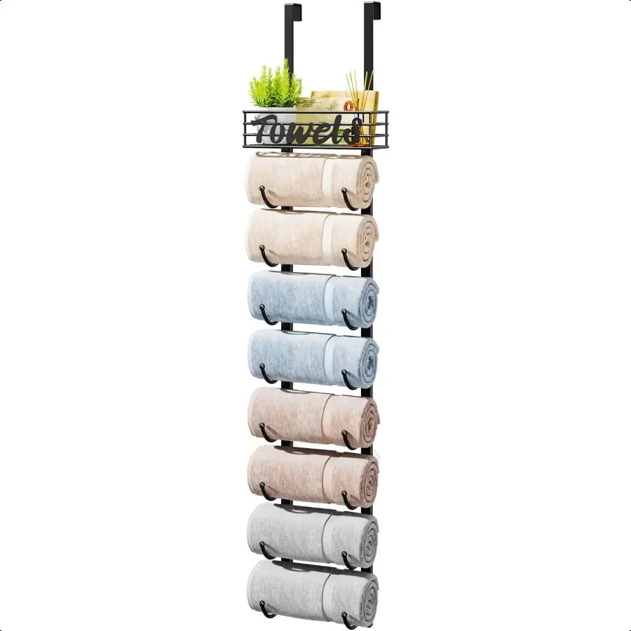 

Bathroom Towel Rack Holder 9Tier Over The Door Wall Mount Rolled Towel Storage Organizer with Metal Shelf Basket for Small Bath