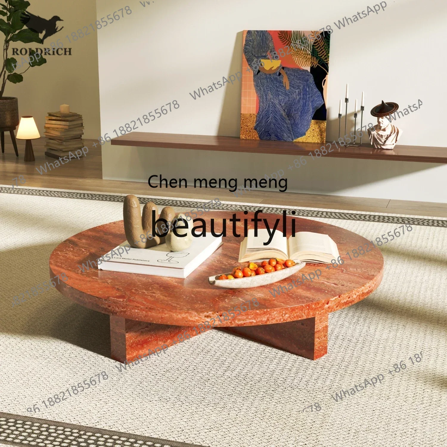 SS S7486 Red travertine round coffee table retro style home living room apartment high-end luxury stone light luxury tea table e
