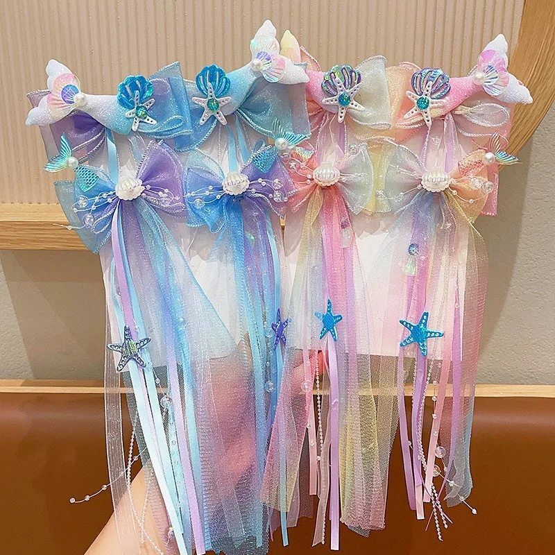 Baby Girls Mermaid Dress Up Hairpins Fishtail Shell Puprle Ribbon Headband Girl Bow Tie Braided Flower Hairpin Accessory HP01
