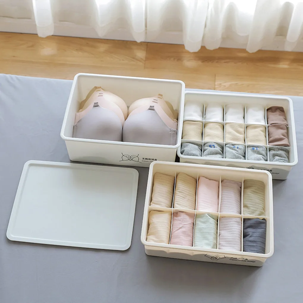 Underwear Storage Box Plastic Socks Drawer Grids Bra Organizer for Home Dormitory, 15 Grids, Beige