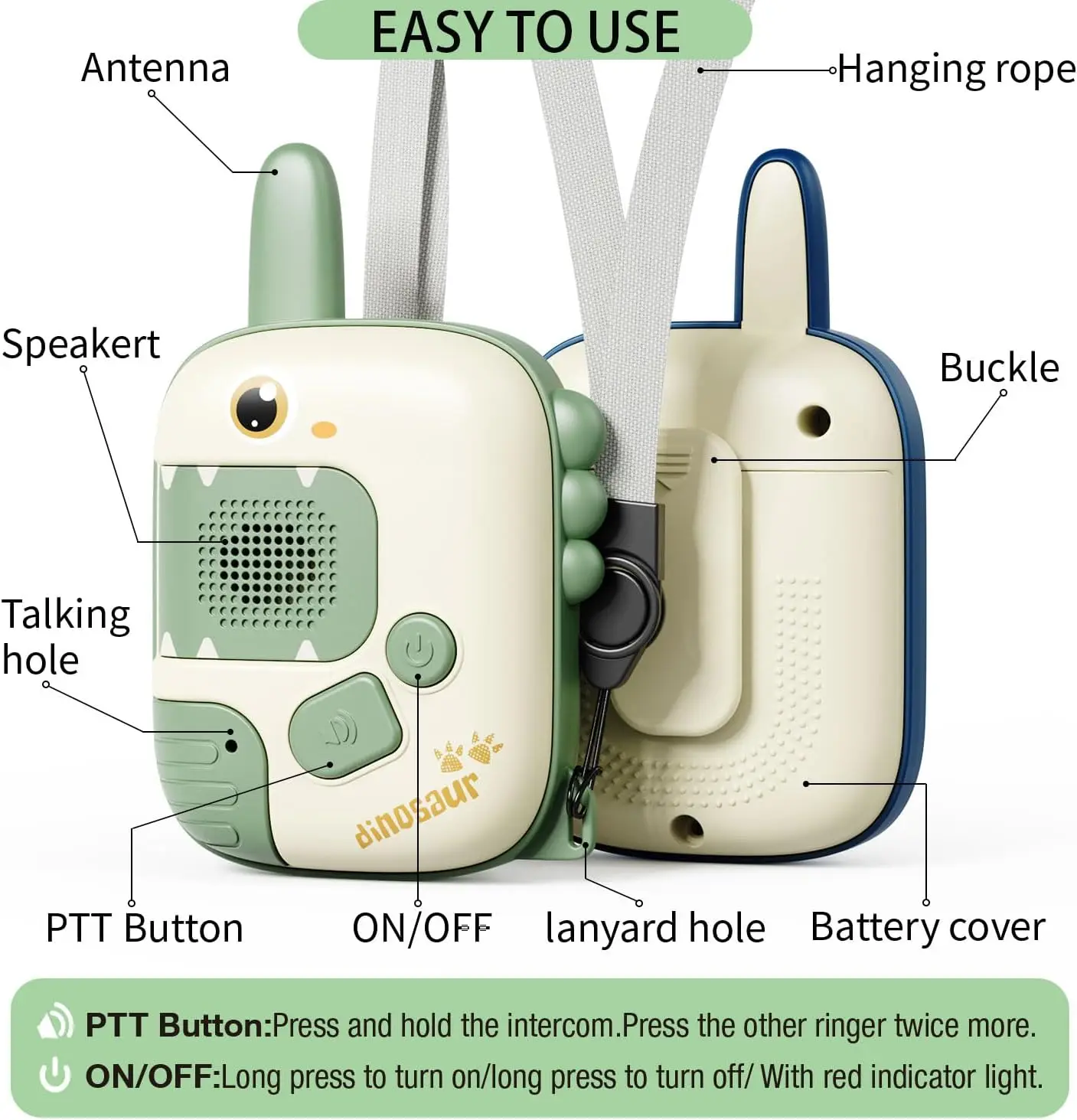 2 Pack Kids Dinosaur Walkie Talkies Toys for Boys Girls,：2 Way Radio Toy Set Age 3-6, Christmas Birthday Gifts Outdoor Game