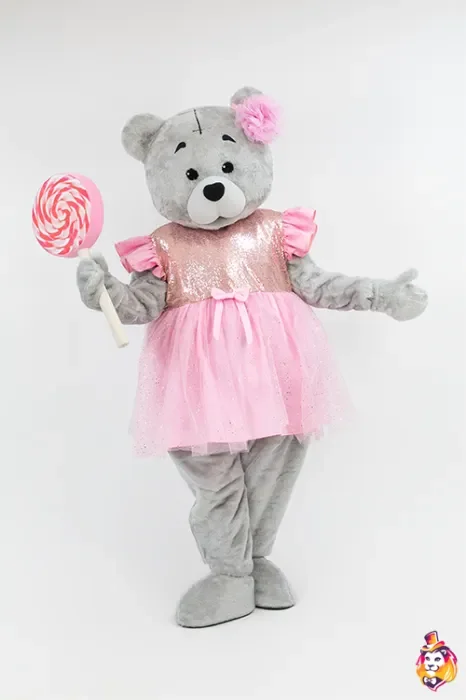 

Teddy Bear Advertising Walk Mascot Costumes Pink Dress Grey Bear Mascot Carnival Party Fashion Show