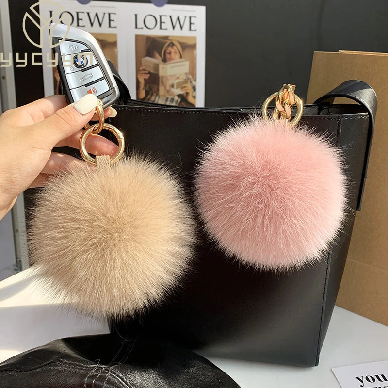 

2024 Fluffy Real Fox Fur Ball Poms Keychain For Women Luxury Pompom Keyring Accessories Bag Decoration Emo Trinket Jewelry Gifts