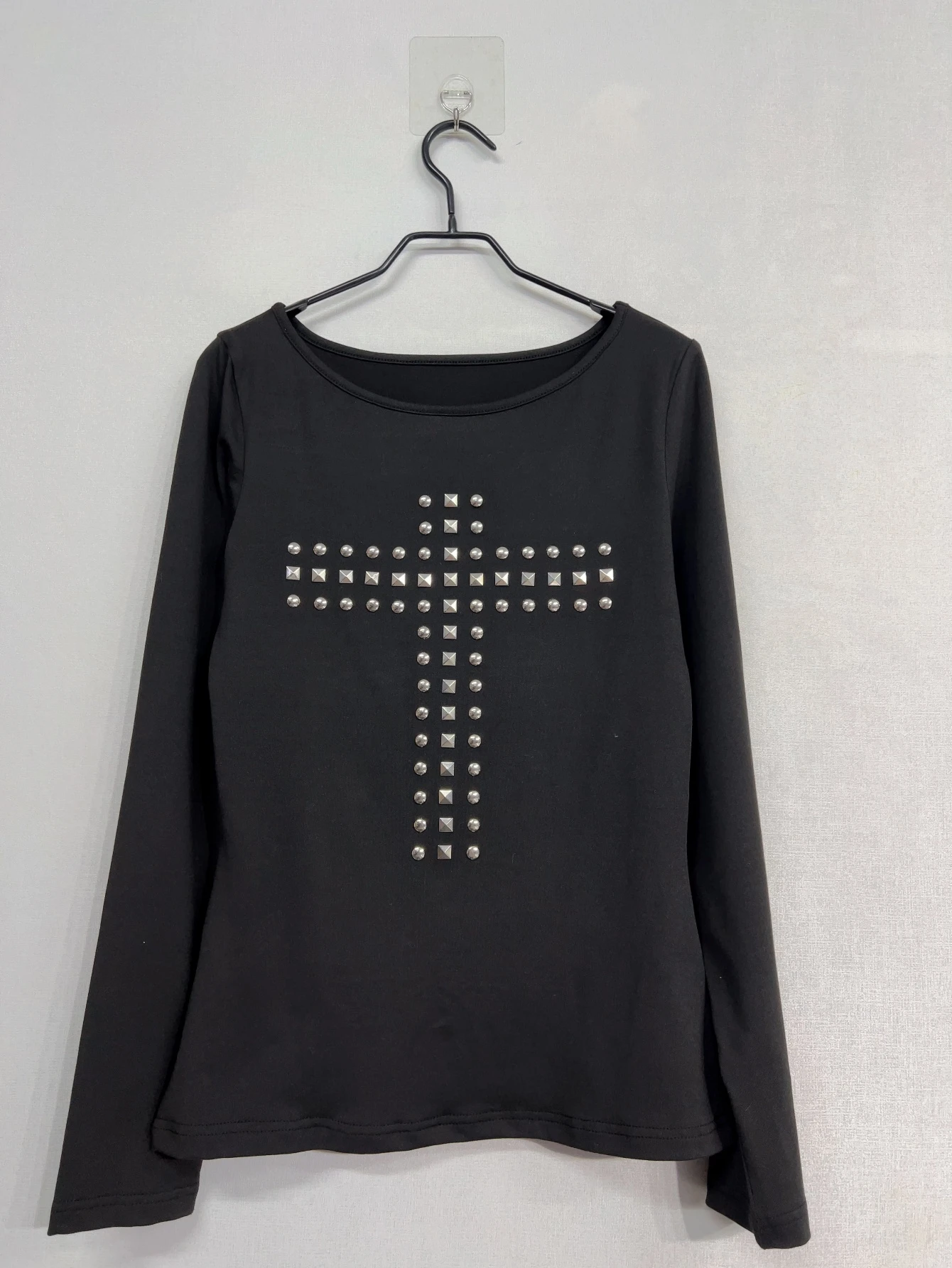 Y2k Emo Damen Mode Streetwear Kreuz-Strass T-Shirt Langarm-Shirt Ästhetik Harajuku 2000er Alt Acubi Tops Kleidung – Detail 3