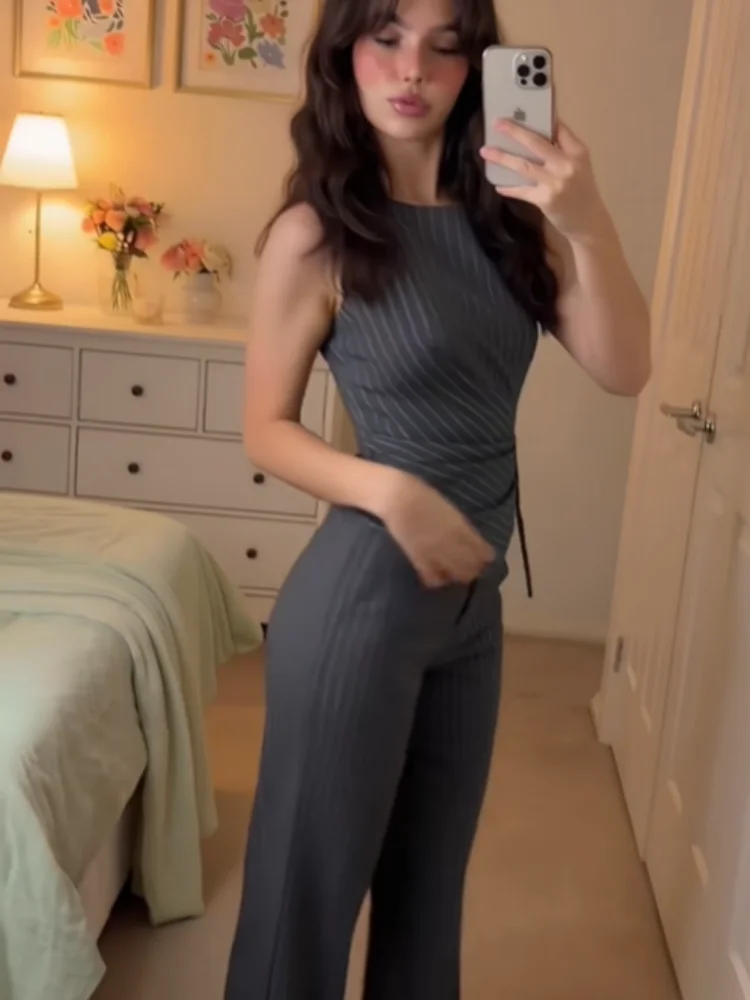 Chic Women Elegant Dark Blue Pinstripe Two Piece Set Sleeveless Wrap Waist Tie Top Loose Leg Pants Casual Office Daily Outfit