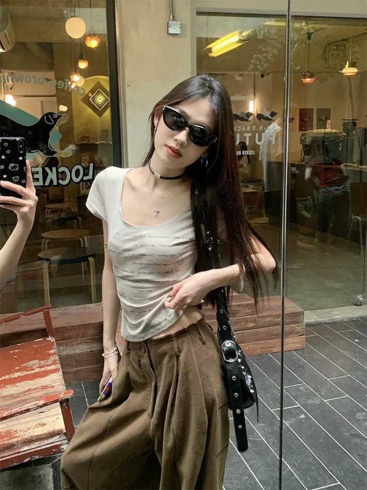 Summer Women Retro Sweet Spicy Skinny Tops Lady Bean Green Casual T-Shirts Girls Letter Portrait Print Short Sleeve Clothes