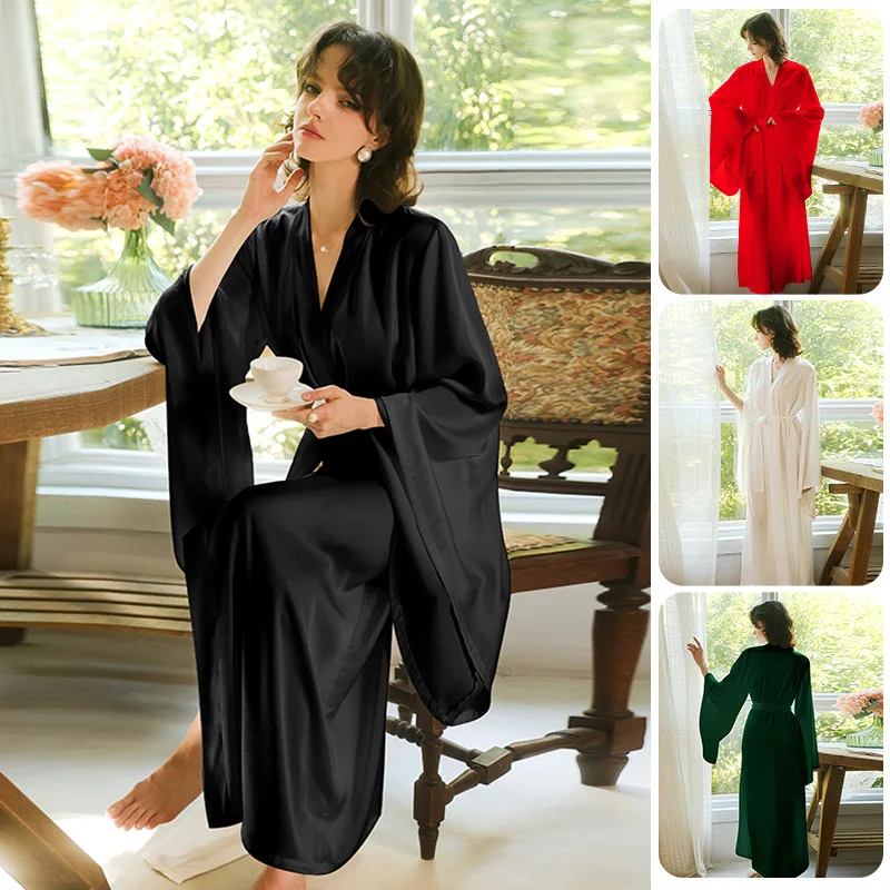 

Сплошной цвет, длинный халат, мягкое атласное кимоно, халат, осень-весна, новая одежда для дома, пижамы, свадебное платье невесты, ночное белье