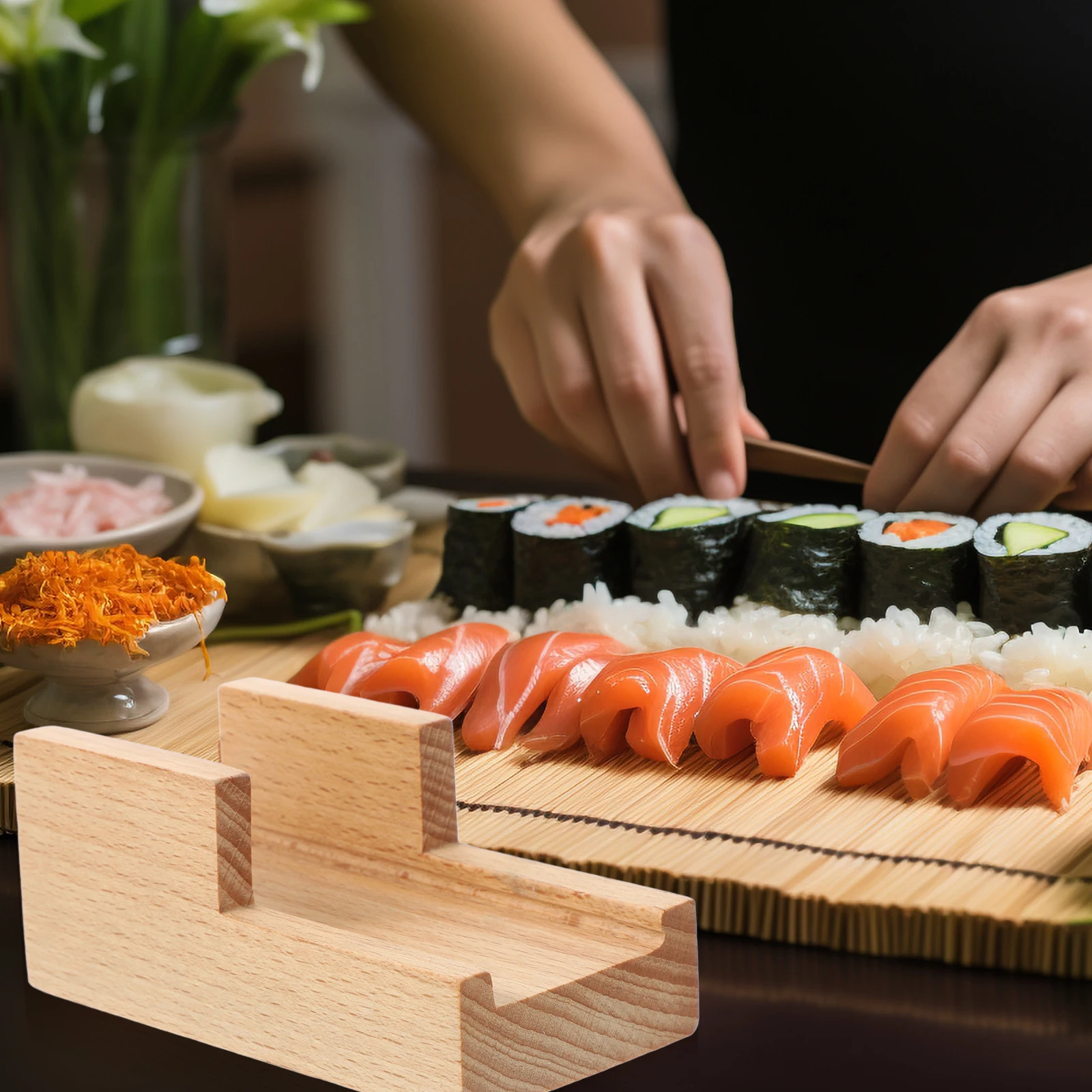

Wooden Sushi Tray Platter Japanese Dish Counter Stand Serving Reusable Sushi Stand Hand Roll Rack Display Wooden Plate
