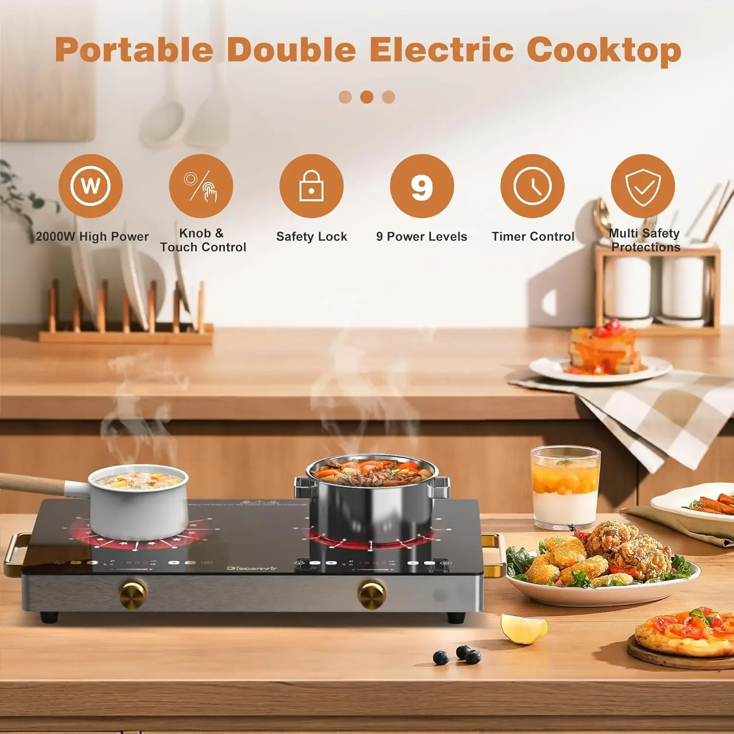 Electric Cooktop 110V - 24 Inch Countertop Electric Stove with Handles 2000W, Two Burner Ceramic Burner with LCD Touch Screen an