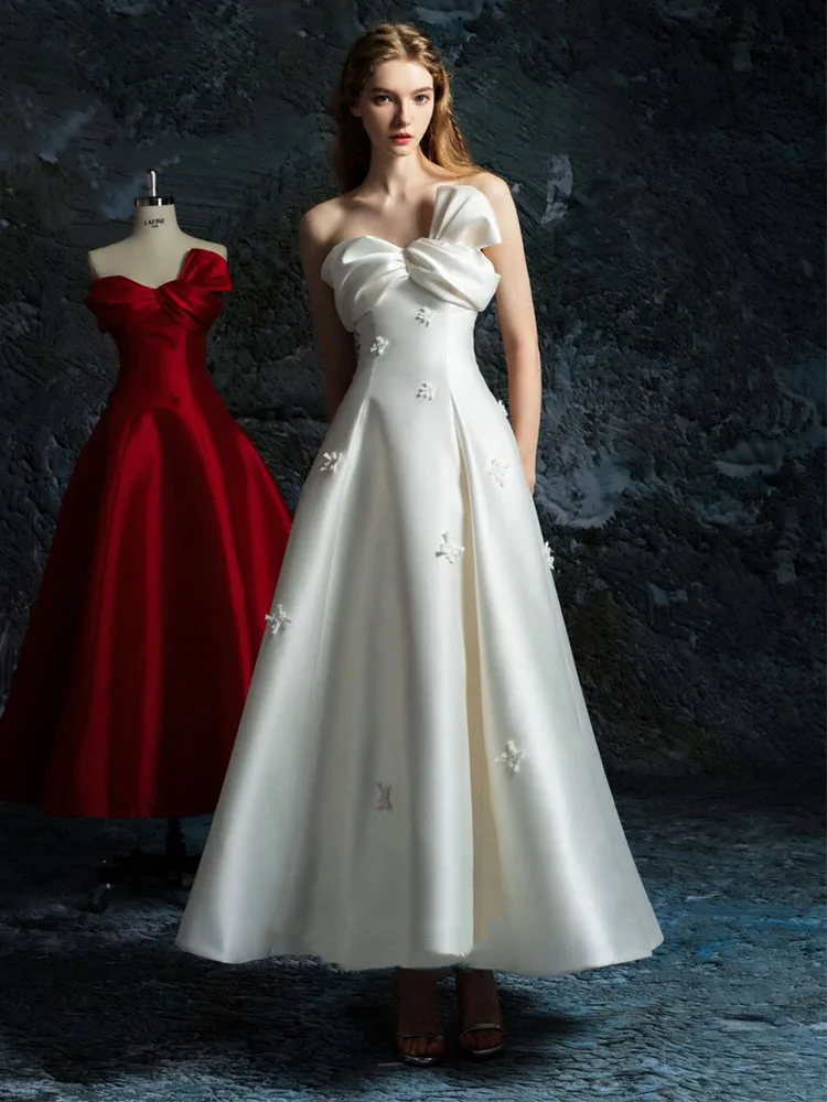 Vestidos de fiesta de princesa sin tirantes de satén, vestidos de fiesta de noche drapeados con pliegues blancos para mujer, vestidos de novia con lazo Simple de Corea personalizados