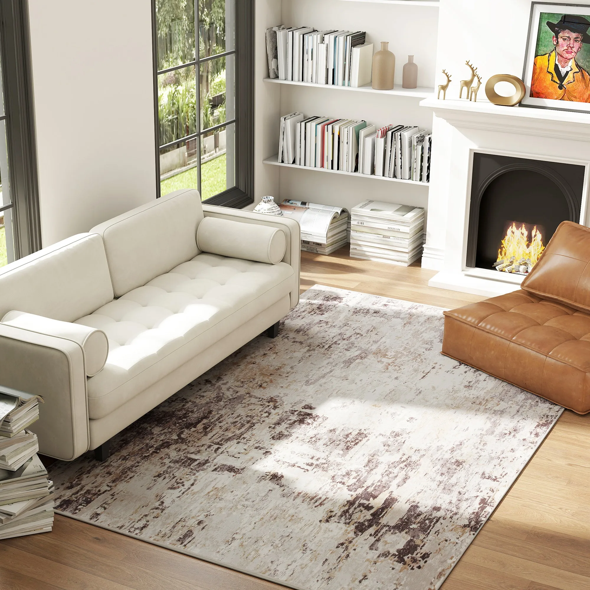 Area Rug 5x7, Machine Washable Rug, Distressed Non-Slip Modern Abstract Floor Cover Foldable Carpet, Mixed-Brown