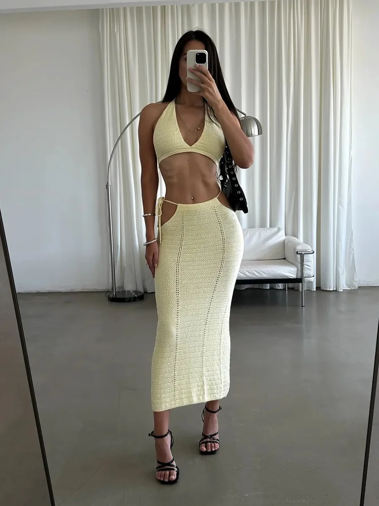 Tossy Crochet Two Piece Set Halter Crop Top Skirt Deep V Neck Sleeveless Knit Beach Vacation Side Cut Out Matching Basic Summer