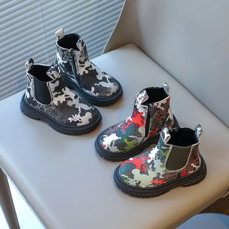 Camouflage Printed Baby Girls Boys Fashion Boots PU Zip Kids Chelsea Boots Spring Autumn Non Slip Children Ankle Shoes