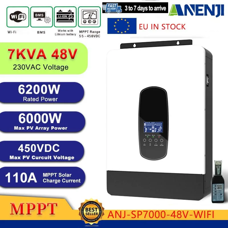 Onduleur solaire hybride ANENJI 7KVA 6.2KW 48V à onde sinusoïdale pure, onduleur MPPT hors réseau, chargeur solaire 110A PV 55-450VDC avec WIFI