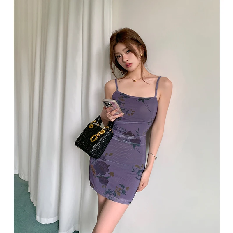 MEXZT Vintage Floral Mini Dress Women Y2K Sexy Spaghetti Straps One Pieces Dresses Summer Korean Party Print Bodycon Vestidos