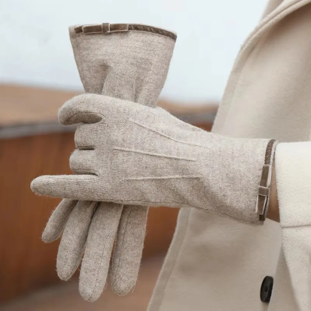 Faux Cashmere Bow Anti-cold Mittens Soft Solid Color Soft Thickened Gloves Korean Style Touch Screen Elasticity Finger Mittens