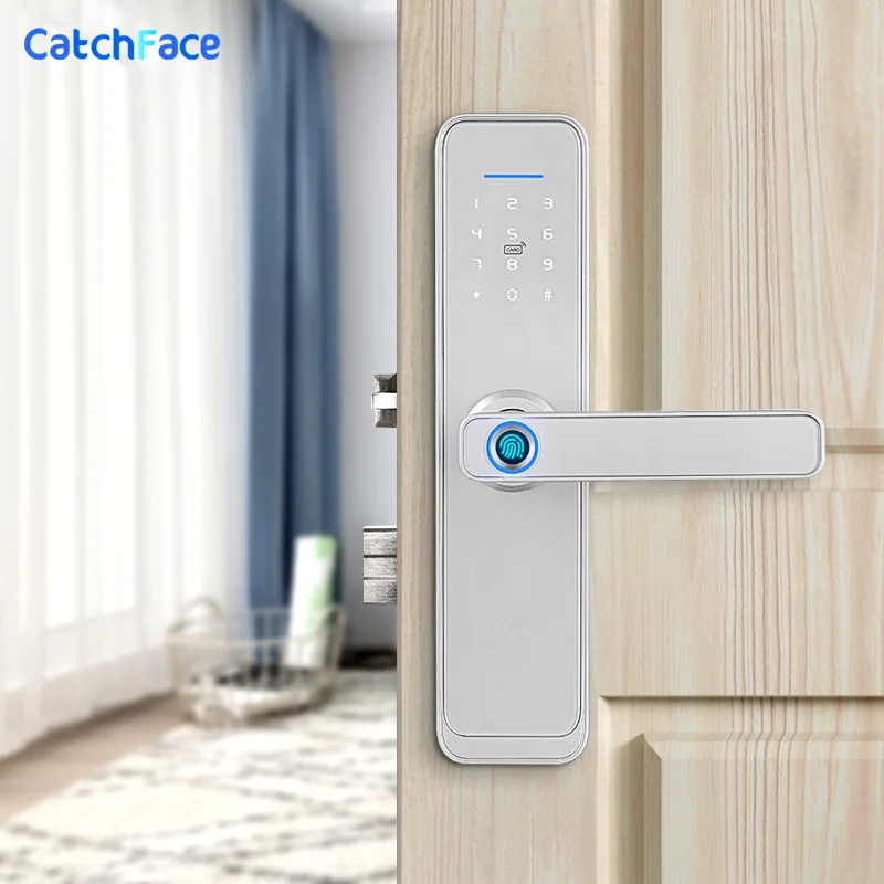 Silver Smart Fingerprint Door Lock  Security Electronic Smart Bluetooth Digital APP Keypad Code FRID Card Keyless Lock