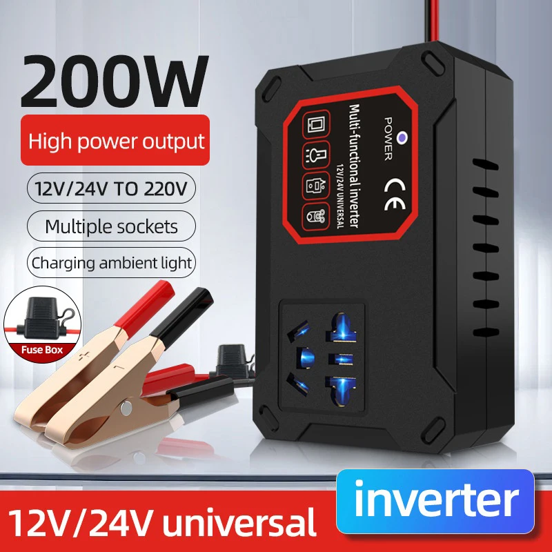 Car Power Inverter 200W 12V/24V To 220V Converter Charger Adapter Universal Socket Portable Vehicle-mounted Home Auto Inverters