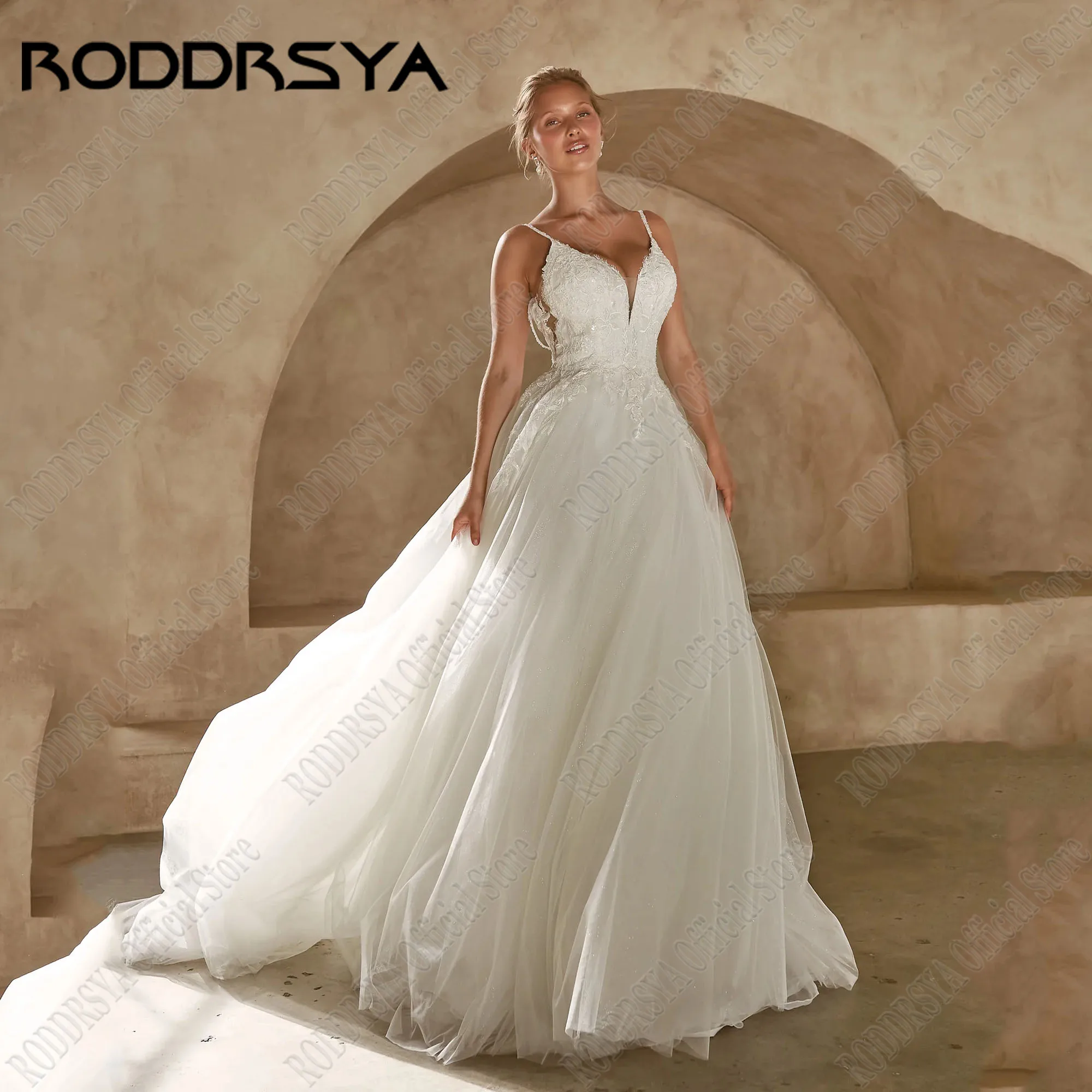 

RODDRSYA Wedding Dresses For Bride Luxury Beading A-Line Spaghetti Straps Bridal Gown Boho Robe De Mariée Sleeveless Backless