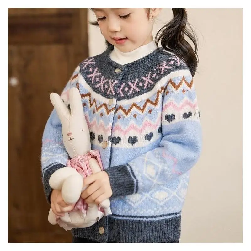 

Girls Lazy Retro Style Knit Cardigan Color Block Sweater Jacket 2025 New Autumn Winter Top for Kids Children Fashion Clothing