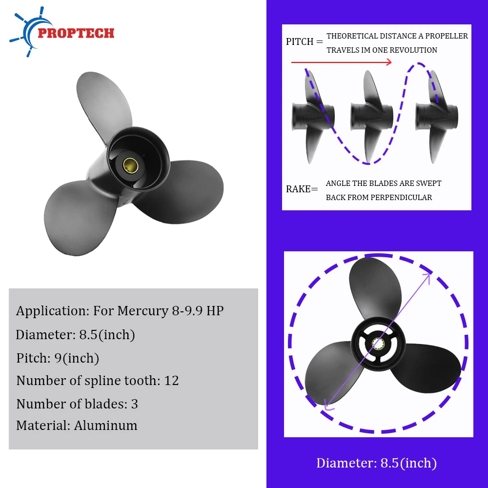 For Mercury Outboard Propeller Fit 8hp 9.9hp 8.5*9 Aluminum Alloy Screw Boat Motor 3 Blade 12 Spline Ship Marine Engine Part