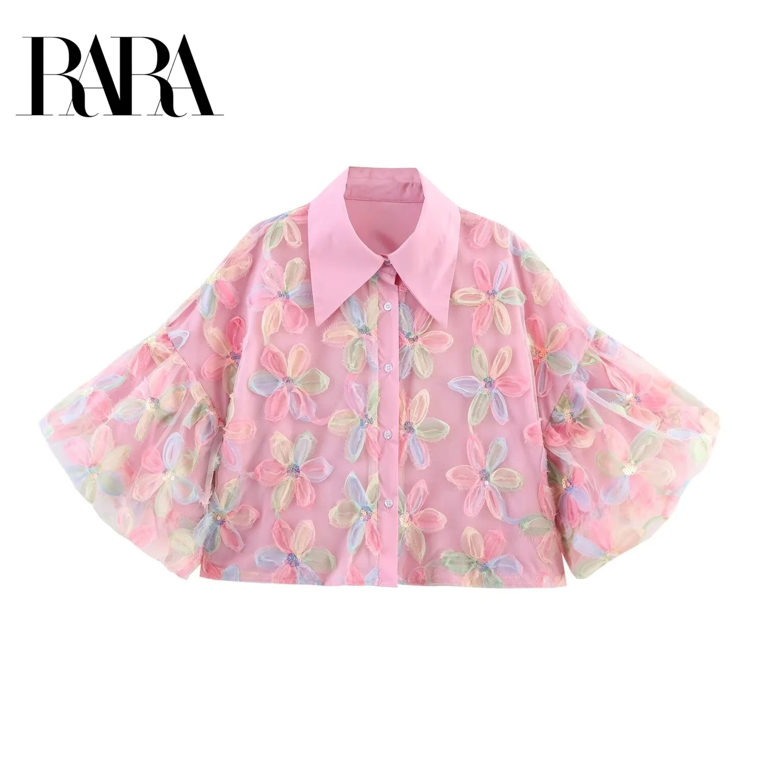

RARA 2025 Womens Collared Puff Sleeve Floral Embroidered Button - Front Cropped Blouse for Daily and Spring Wear