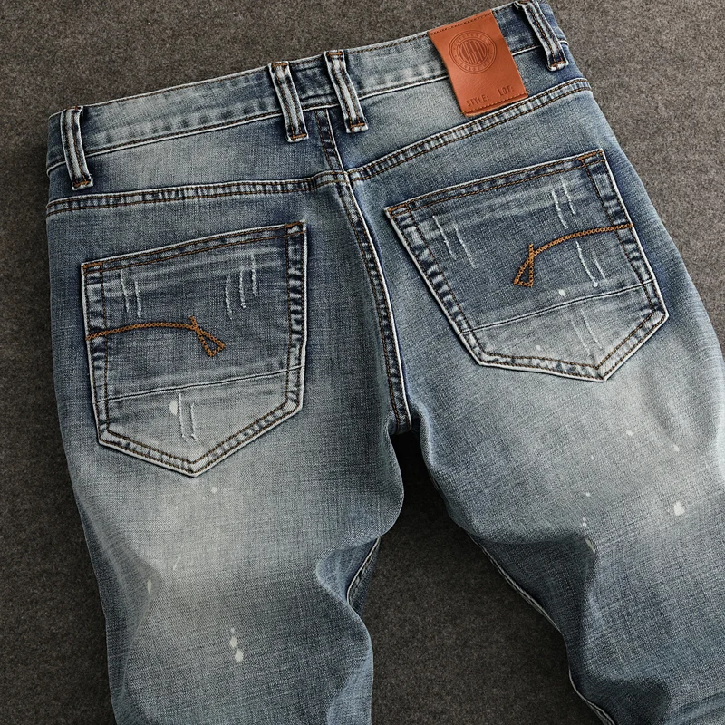 Street Designer Fashion Men Jeans Retro Washed Blue Stretch Slim Fit Painted Ripped Jeans Men Y2K Vintage Denim Pants Hombre