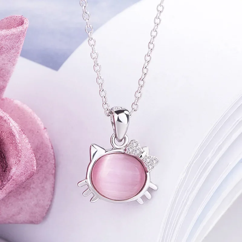 Hello Kitty Fashion Micro diamond pink Cat's Eye necklace Cute girl's pendant anime clavicle chain accessory gift