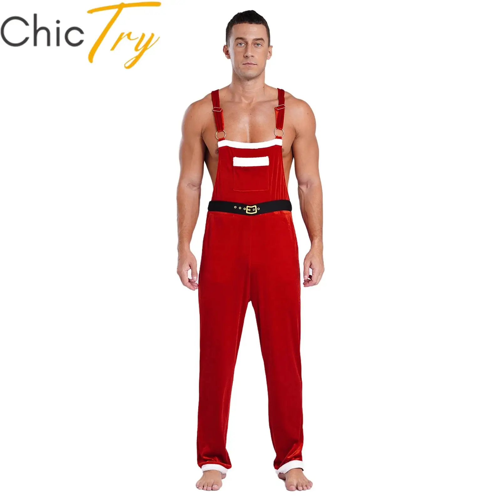 Mens Sexy Christmas Flannel Santa Claus Romper Sleeveless Pocket High Waist Overalls for Xmas New Year Festival Holiday Party