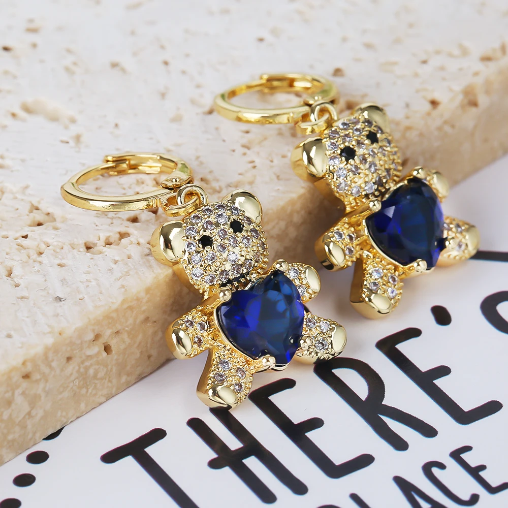 Hot Selling Teddy Bear Heart Crystal Animal Geometric Ear Clasp Cute Lady Fashion Jewelry 18K Gold Plated High Quality Earrings