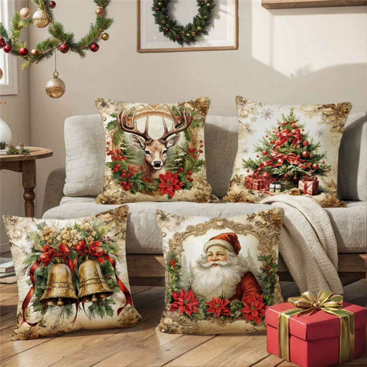 Vintage Golden Frame Christmas 4Pcs Throw Pillow Covers, Home Decor Cushion Cases for Sofa Bedroom