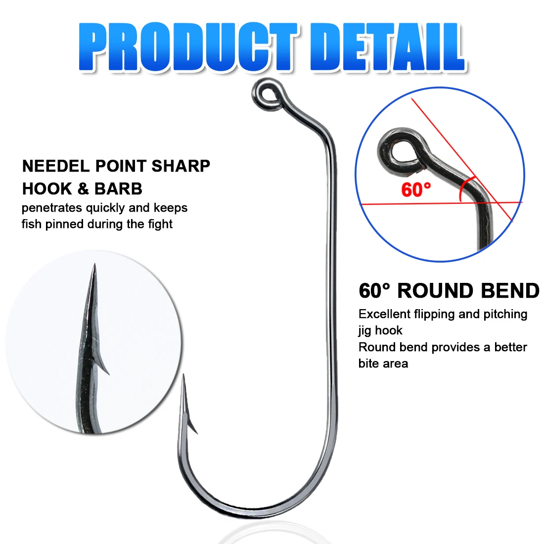 FishTrip 60 Degree Round Bend Jig Hook Worm Bait Fishing Hook Soft Plastic Hook Aberdeen for Jighead Mold DIY Make Accessories