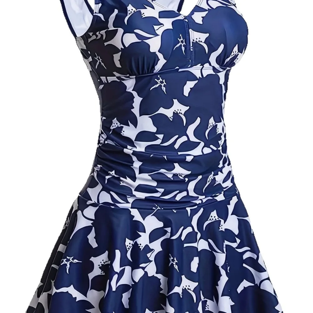 Women's V-Neck Print Skirted One Piece Swimsuit, Modest Bathing Suit With Sarong Coverage, Colorful Floral Monokini Tankini Swim