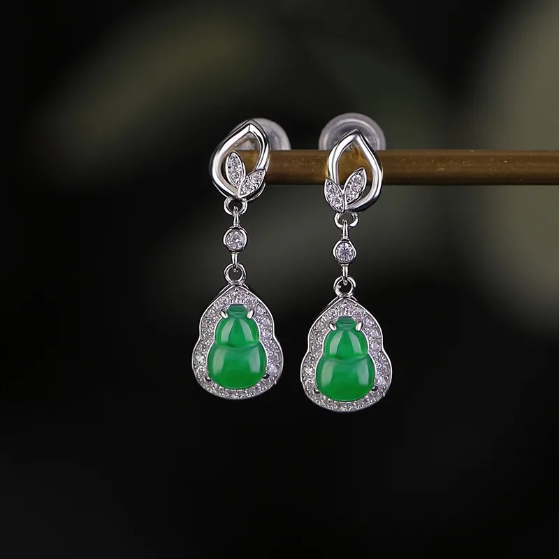 

TIMESWIND Exquisite Green Jade Gourd Leaf Full Zircon S925 Women Earrings with Certificate