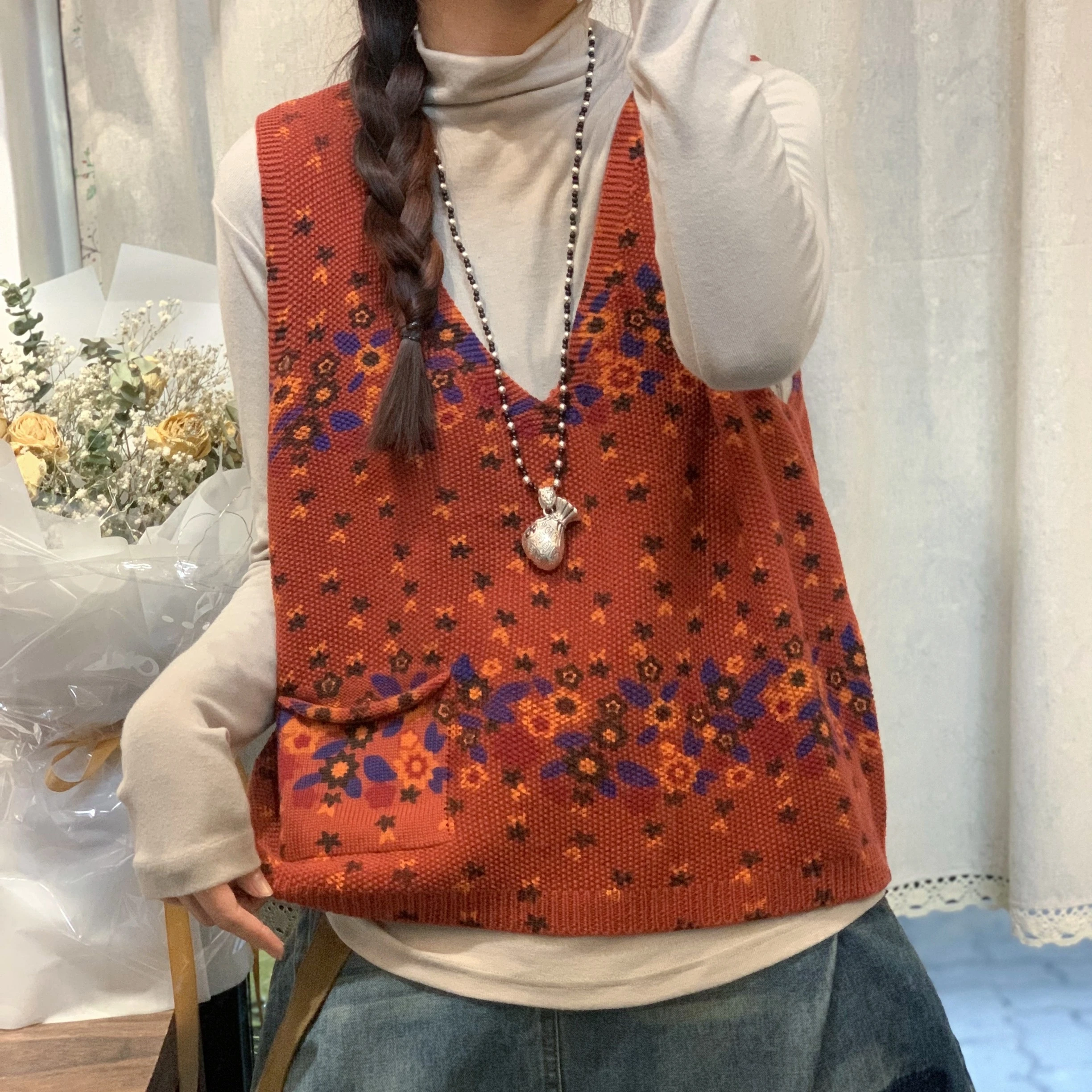 Loose Knitted Printed Vest Women's plus Size V-Neck Tunic Top Commute Style Autumn Fashion Label Removed Big Brand