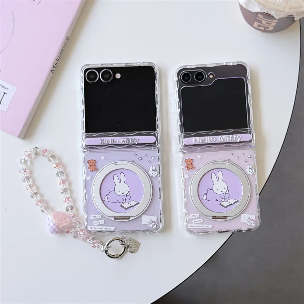 Cute Miffy Rabbit Mirror Magnetic Clear Phone Case For Samsung Galaxy Z Flip 8 7 6 5 Kawaii Wave Edge Hard Cover With Pink Chain