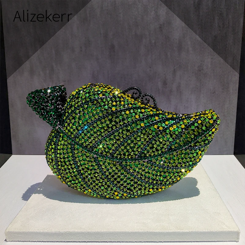 Alizekerr Leaf Shape Rhinestone Evening Bag Women Gorgeous Sparkly Diamond Metallic Clutch Purse And Handbag Wedding Party Prom