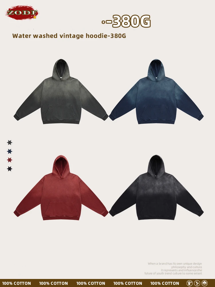 ZODF 2024 Spring Autumn Washed 380gsm Hoodies For Men Unisex Retro 100% Cotton Loose Hooded Pullovers Streetwears HY0782