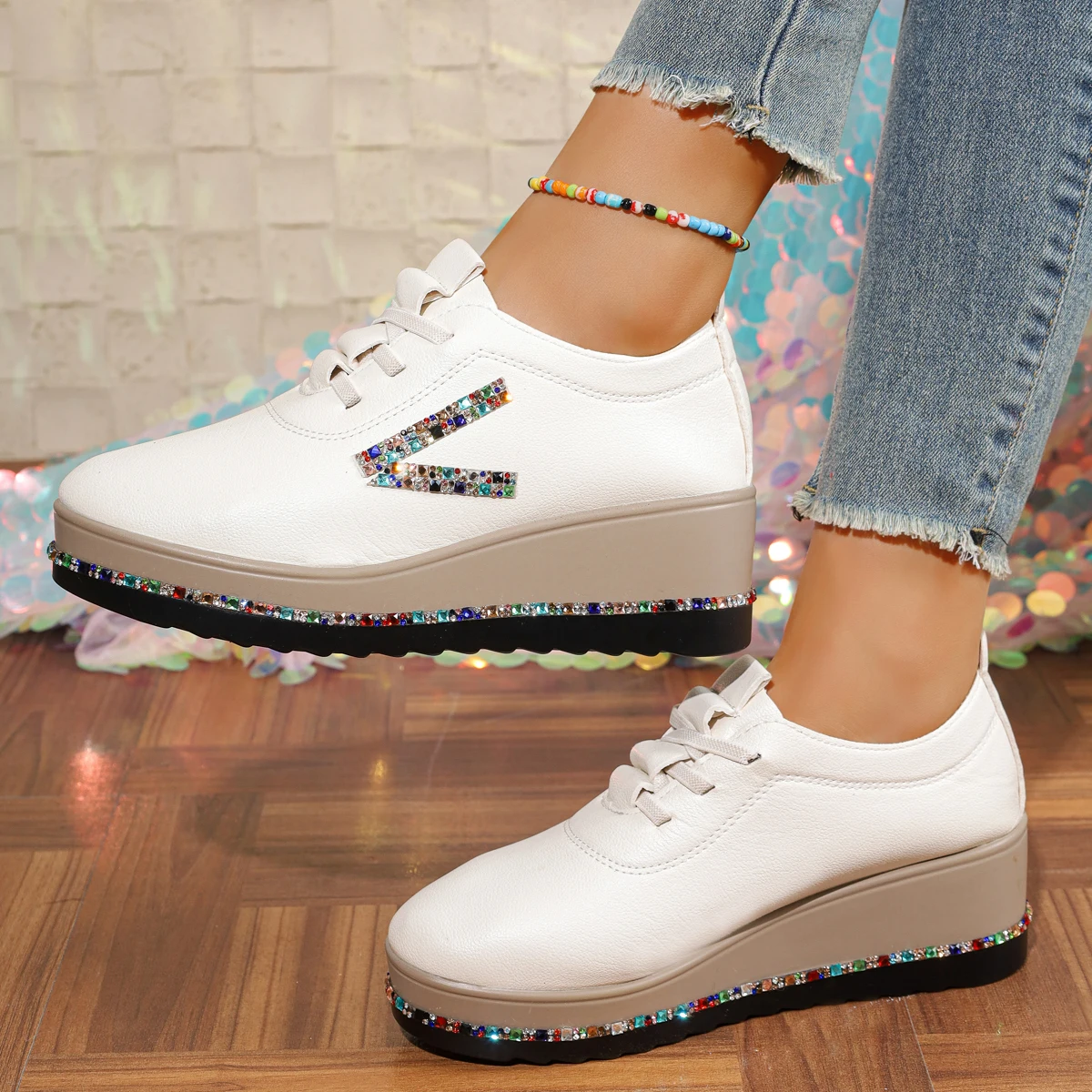 

Fashion Rhinestone Decorative Women's Casual Low-top Shoes Spring and Autumn Lace Design Round-headed Sneakers Zapatos Mujer