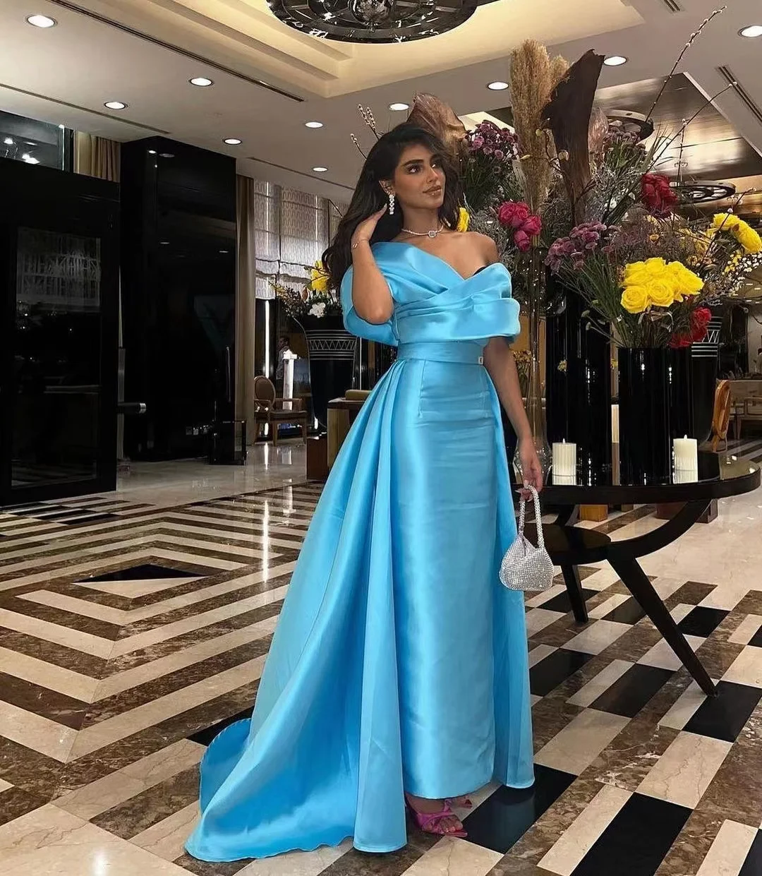 

Ladies Wear Evening Dresses Off Shoulder Sheath Prom Dress with Overskirts Long Elegant Party Vestidos De Novia