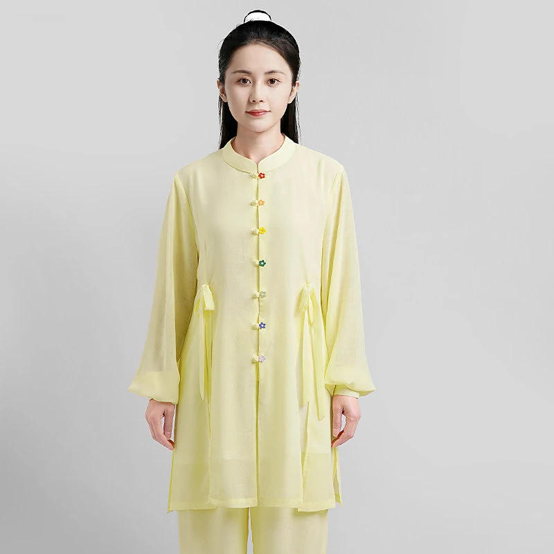 Women's 2026 Light Yellow Ramie Gauze Tai Chi Set - Soft Drapey Breathable Uniform for Baduanjin Qigong Practice & Competition