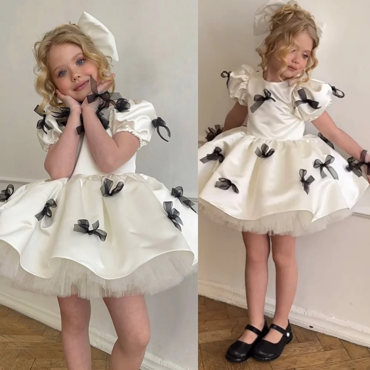 

Lovely Flower Girl Dresses Pageant Gown for Wedding With Bows Knee Length Birthday Party First Communion Gowns Customized