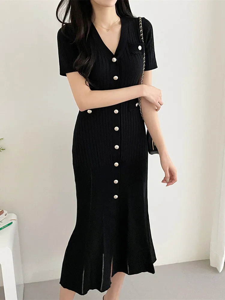 Summer Midi Dress Women Knitted Black Bodycon Korea Style Ruffle Ladies Dresses Elegant Fashion Casual Woman Dress 2024