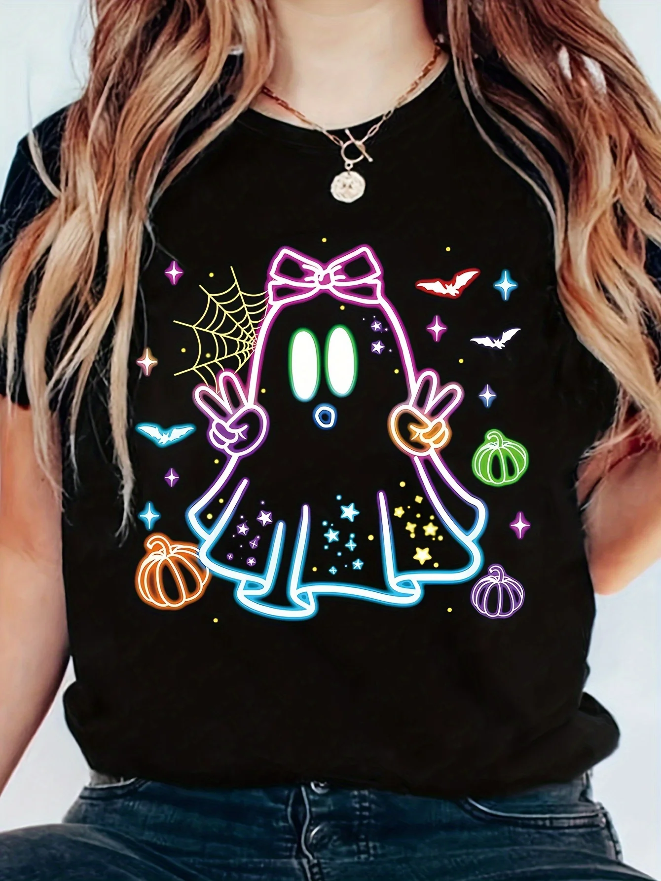 

Women's Halloween T-Shirt Casual Round Neck Polyester Regular Fit Summer Fashion Top with Neon Ghost and Pumpkin Design