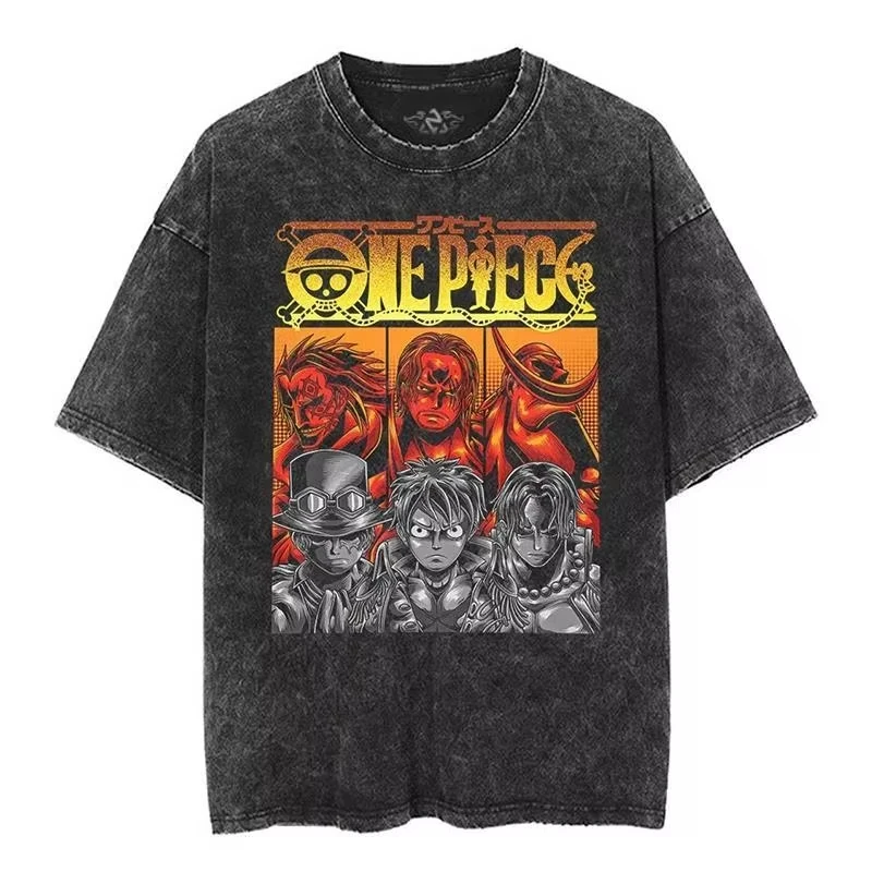 

2026 Fashion ONE PIECE Nika Form Luffy Anime Oversize High Street Vintage Washed Old Short Sleeve T-shirt Men's Summer